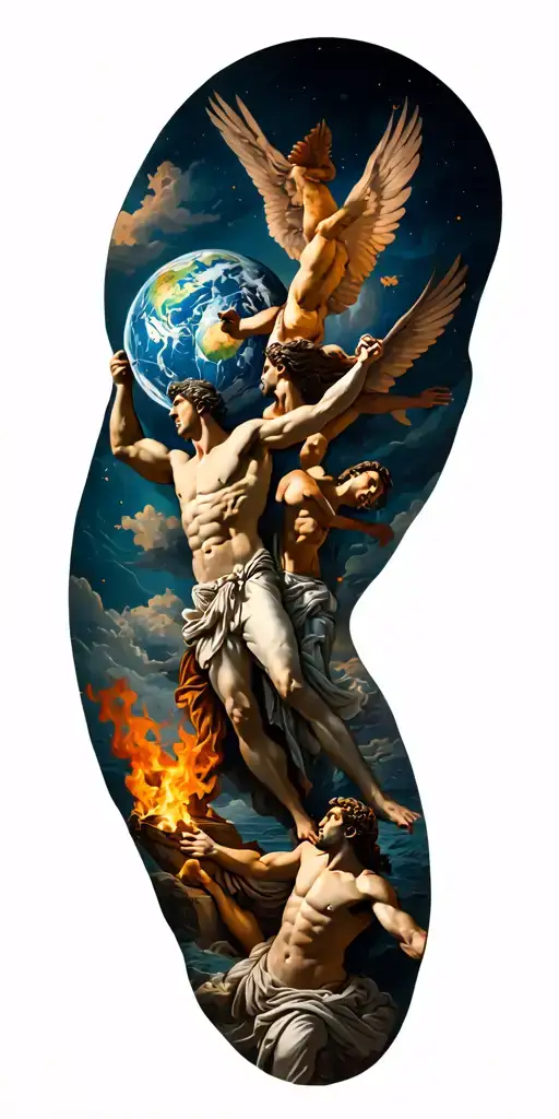 greek mythology sleeve tattoo with Atlas carrying the world, icarus falling, prometheas stealing fire and Tantelus tattoo design idea