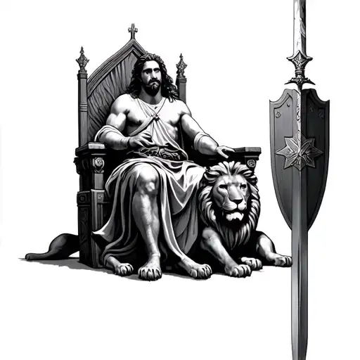 Throne with St Jude sitting with him holding a sword and shield and lions laying by his feet tattoo design idea