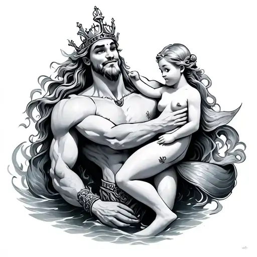 king triton holding baby Ariel tattoo design idea