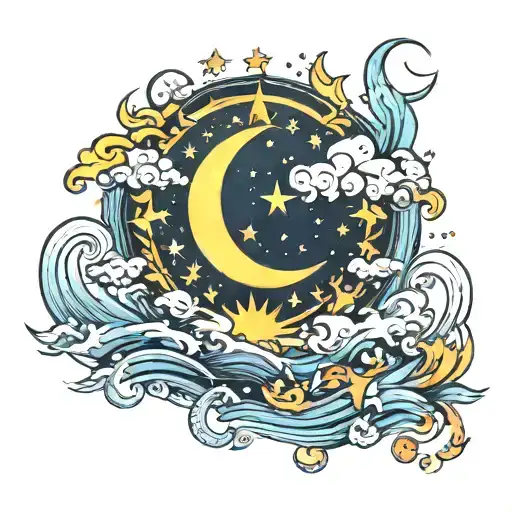 sun, moon, stars, clouds, ocean, waves. tattoo design idea