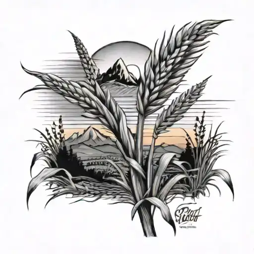 Busch light mountains in the background, corn stalks in the foreground, "Nathan Thomas 1993-2024" Sunset tattoo design idea