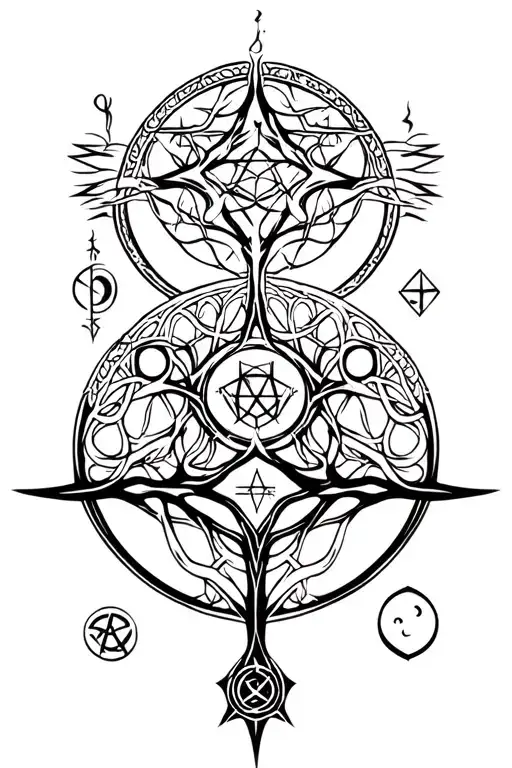 cyber sigilism of Celtic tree of life, guiding moon and pentagram(balance of the 4 elements) tattoo design idea