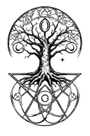 cyber sigilism of Celtic tree of life, guiding moon and pentagram(balance of the 4 elements) tattoo design idea