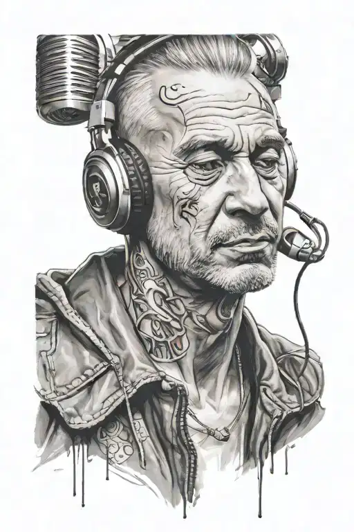 A realistic portrait of HASAN YILDIRIM with headphones on, listening to music tattoo design idea