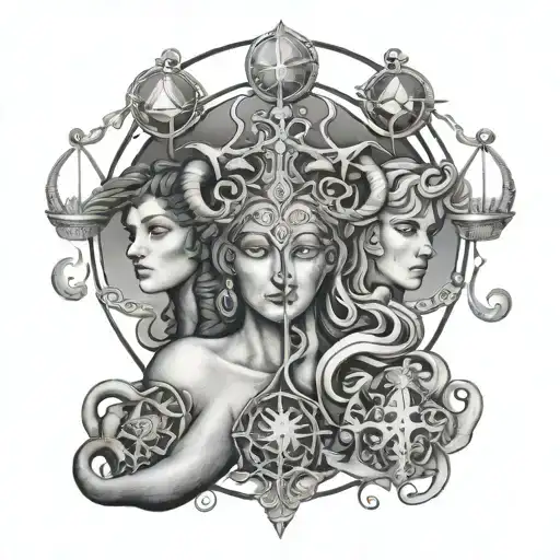 Libra, Aquarius, Gemini, Aries, Capricorn zodiac signs merged tattoo design idea