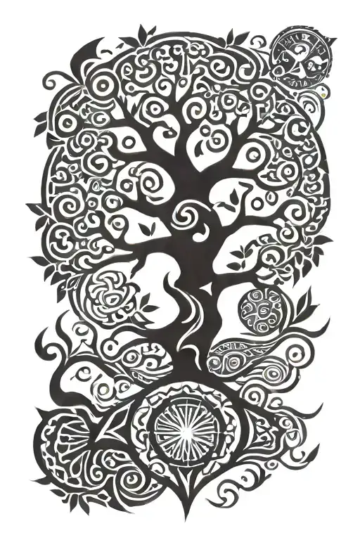 tree of life + filipino tribal symbols incorporated into the design + "11/05/21" written below tattoo design idea