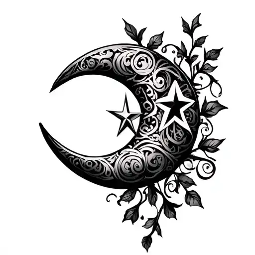 crescent moon with filigree, with 5 point star, with vines tattoo design idea