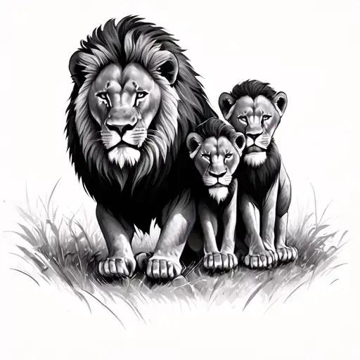 brave lion father with two sons looking tattoo design idea