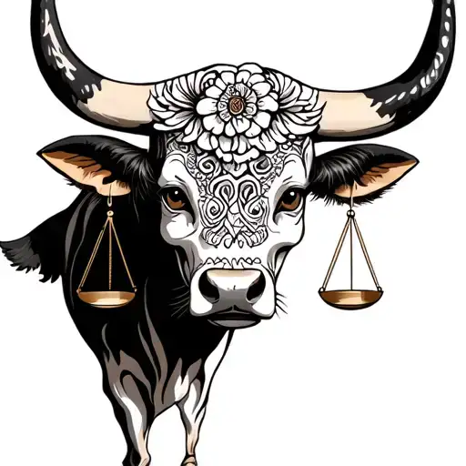 feminine bull with sugar skull markings, brown eyes and 2 Libra scales and dark background tattoo design idea