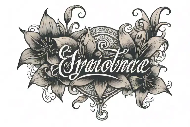 this name: Arianna Georgia Valiquette but with modern cursive gangster letters, put hearts and tiger lilies around it  tattoo design idea