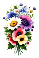 Daisy, holly berry, poppy, violet bouquet tattoo design idea