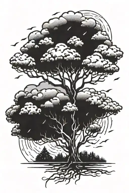 rain storm lightning strikes tree tattoo design idea
