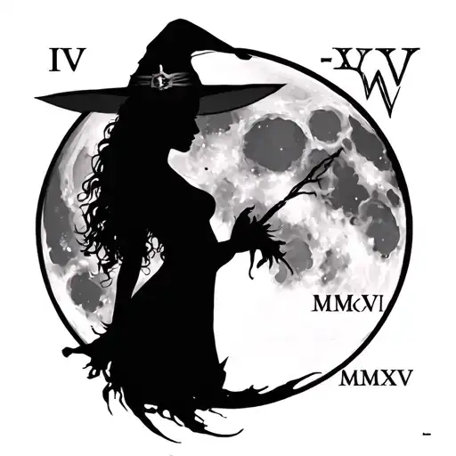 "IV-V-MMXIV" sexy witch silhouette over full moon tattoo design idea