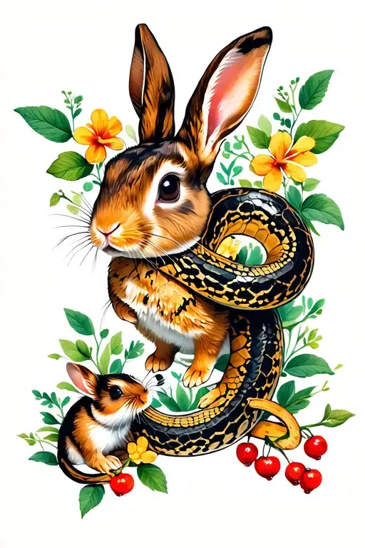 rabbit, python, and mice with flowers and berries growing tattoo design idea