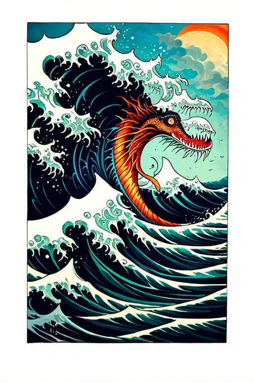 Ocean wave sea monsters colorful tattoo design idea