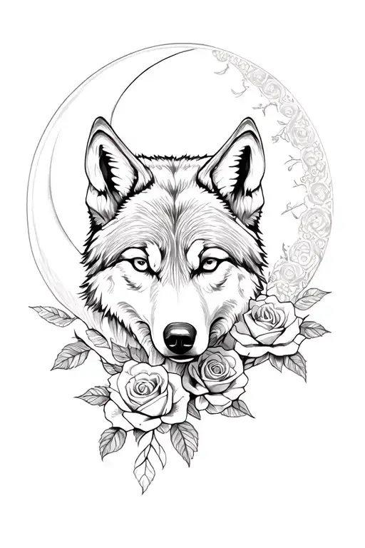 Wolf and roses intertwined and moon tattoo design idea