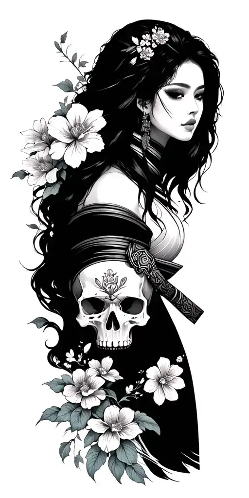 sexy samurai woman skull whit flowers and waves tattoo design idea