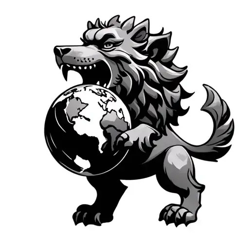 a foo dog with an open mouth and a globe under its paw tattoo design idea