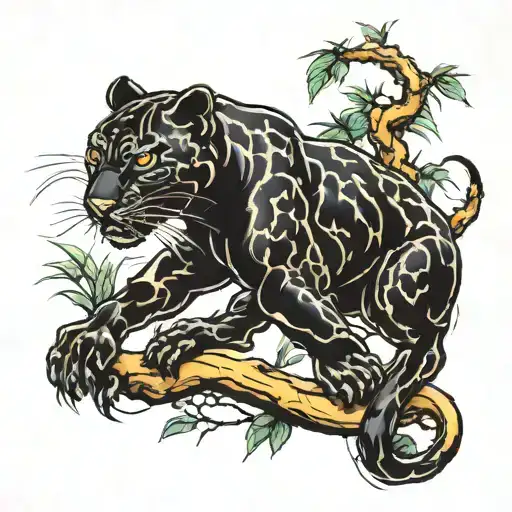 panther climbing, looking back tattoo design idea