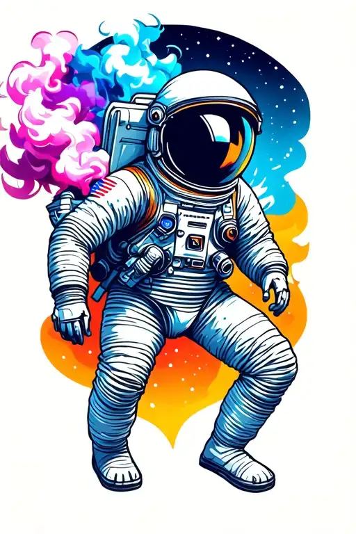Astronaut in ascending position with smoke or energy color blue, purple or pink emerging from where the helmet should be tattoo design idea
