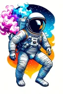 Astronaut in ascending position with smoke or energy color blue, purple or pink emerging from where the helmet should be tattoo design idea