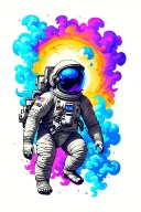 Astronaut in ascending position with smoke or energy color blue, purple or pink emerging from where the helmet should be tattoo design idea
