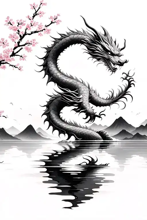 Chinese dragon over water with mountains and cherry blossoms in background tattoo design idea