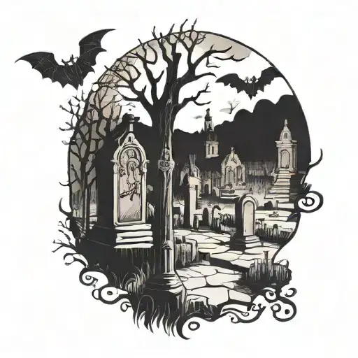 An eerie graveyard scene with ghostly figures and bats flying overhead tattoo design idea