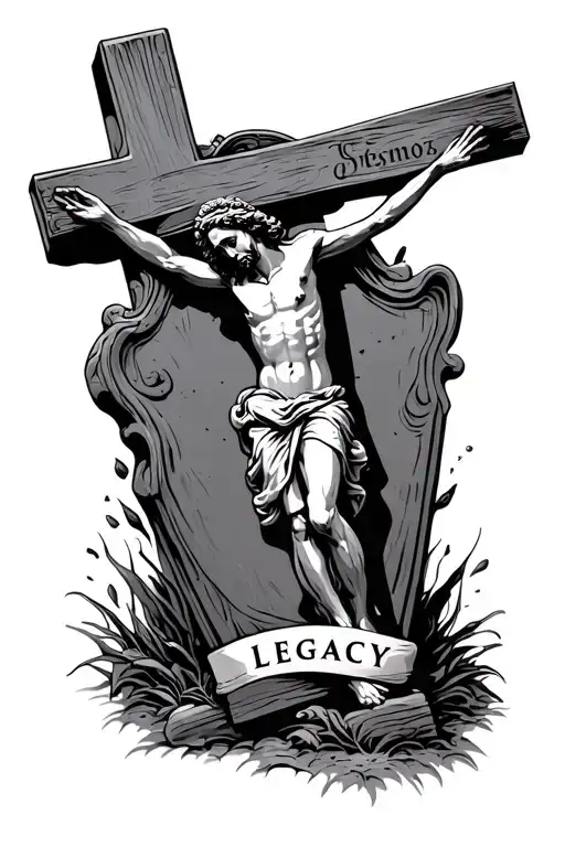 jesus on a cross headstone, and the word legacy with shading aroung it and pit the word legacy below tattoo design idea