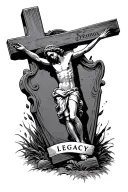 jesus on a cross headstone, and the word legacy with shading aroung it and pit the word legacy below tattoo design idea