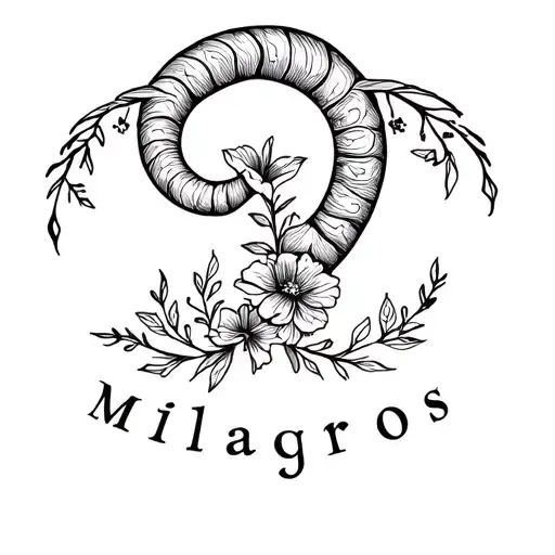 A stylized Capricorn symbol intertwined with January flowers, with the name 'Milagros' subtly incorporated into the design tattoo design idea