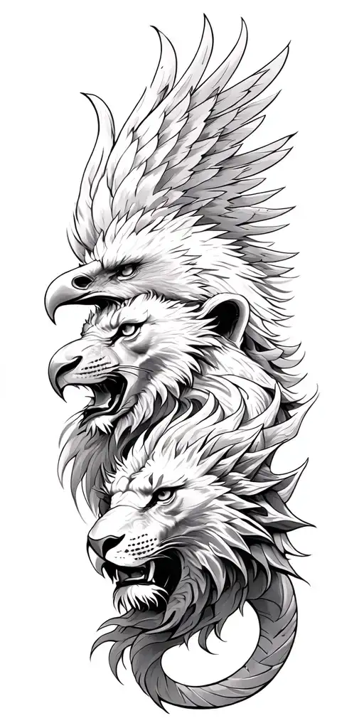 Create a tattoo that has one lion one eagle and one dragon tattoo design idea