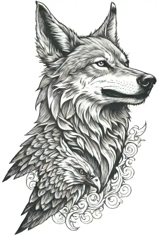 wolf head and Raven flying tattoo design idea