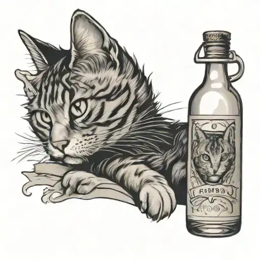 cat looking through a bottle of alcohol spilled tattoo design idea