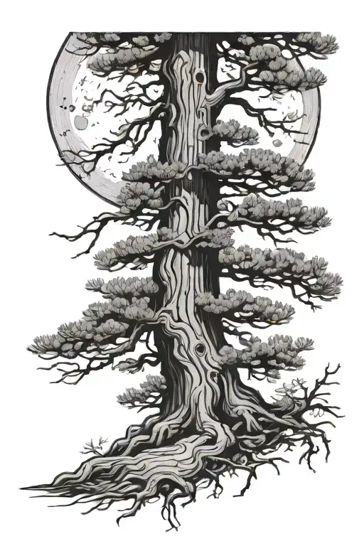 ponderosa pine with roots and moon rising tattoo design idea