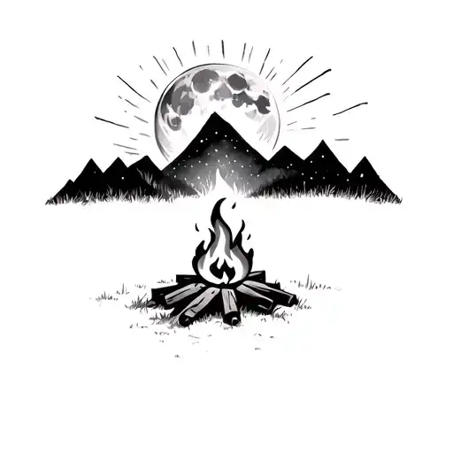 eerie campfire in the forest with mountains and the moon peeking over the mountains with rays of light coming down  tattoo design idea