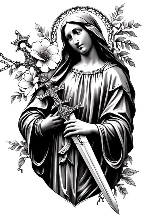 mother Mary and Joan of arc flowers rosary sword tattoo design idea