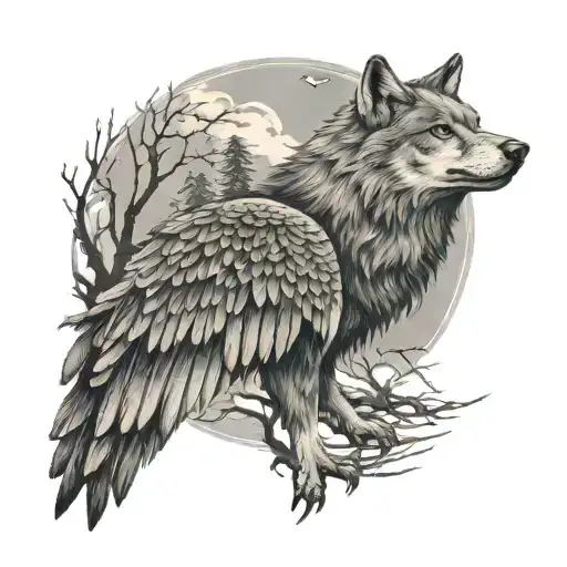 wolf, tree, water, nature, eagle wings tattoo design idea