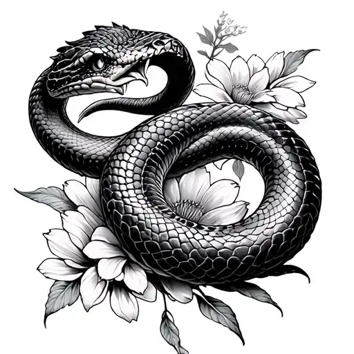 evil snake in flowers tattoo design idea