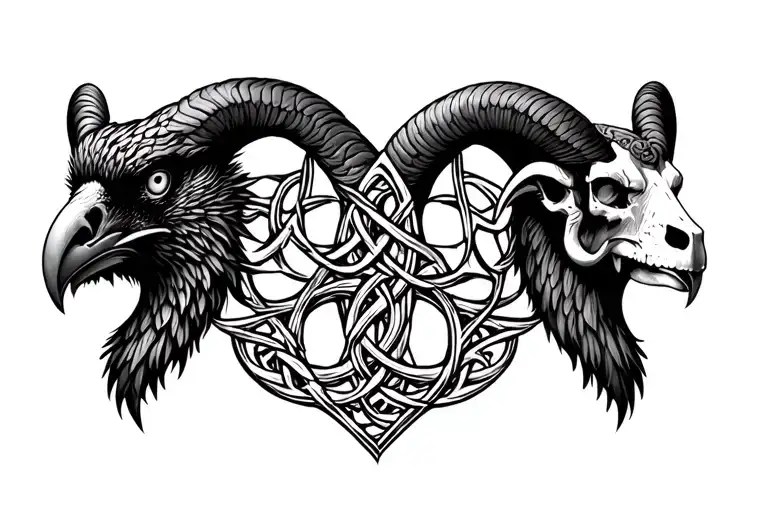 Celtic tree of life .a Celtic raven head on the left .a Celtic ram head on the right location of the skull tattoo design idea