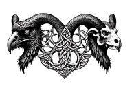 Celtic tree of life .a Celtic raven head on the left .a Celtic ram head on the right location of the skull tattoo design idea