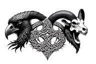 Celtic tree of life .a Celtic raven head on the left .a Celtic ram head on the right location of the skull tattoo design idea