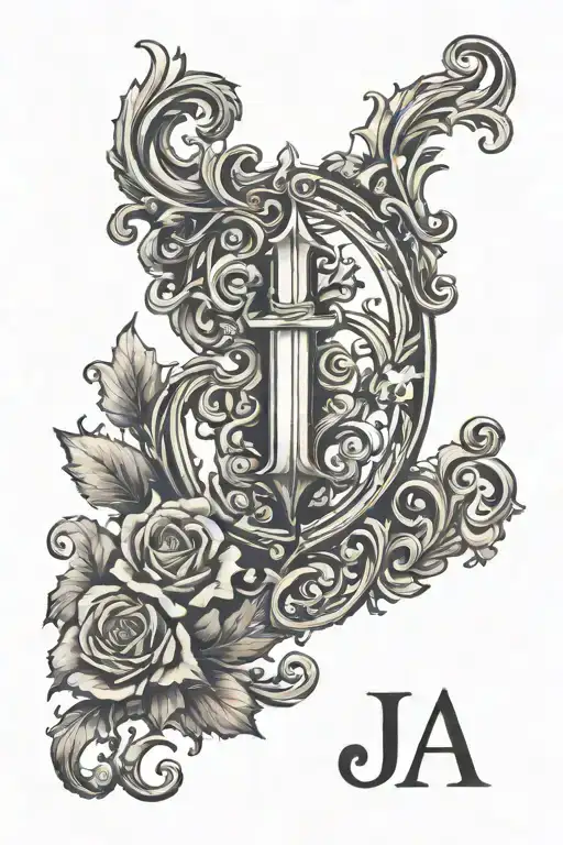 "Design a tattoo for the upper right arm (bicep) of a man, prominently featuring the initials 'S, J, A' to represent the tattoo design idea