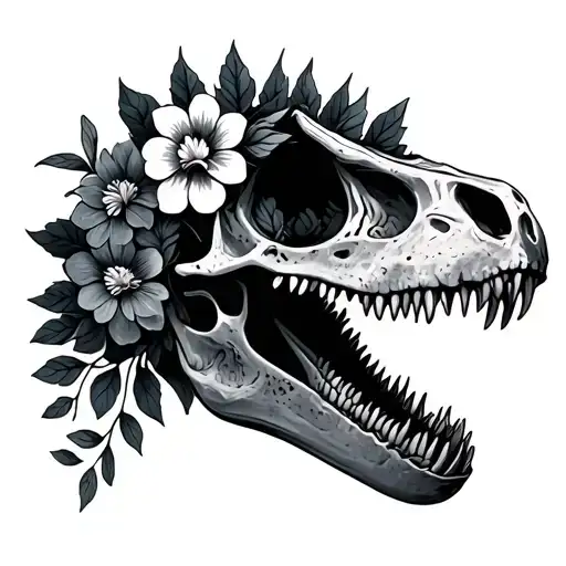 spinosaurus skull with flowers tattoo design idea