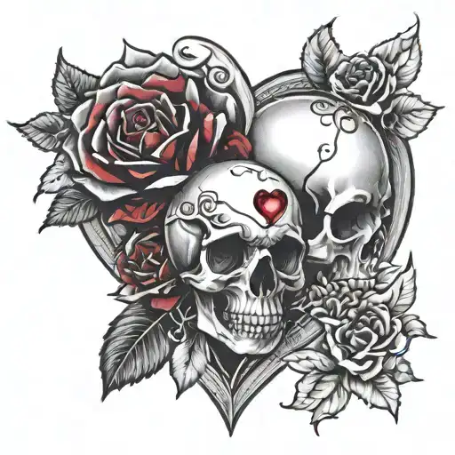 A red ruby in a heart shape and a skull surrounding it tattoo tattoo design idea