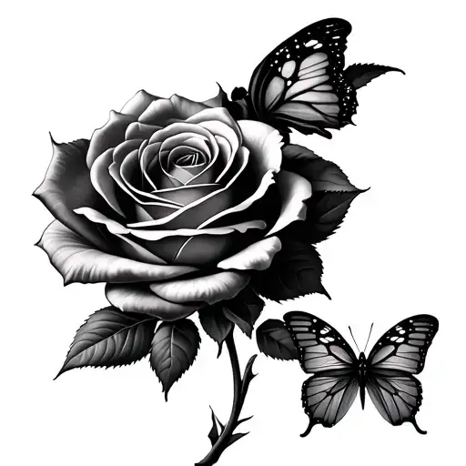 A rose with a butterfly on the stilk. Black and grey, realistic. On forearm.  tattoo design idea