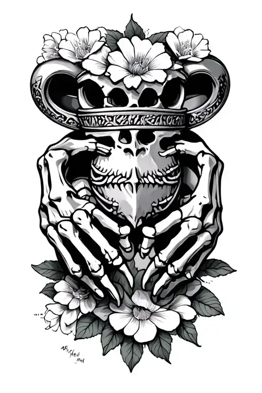 claddagh ring design incorporating floral and skeleton hands  tattoo design idea
