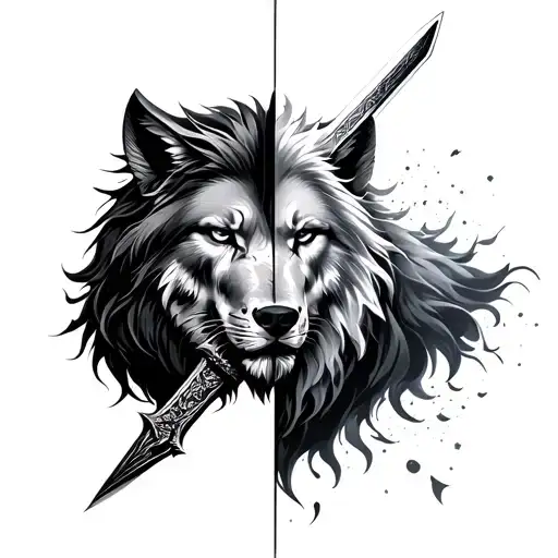 Half Lion Half Wolf and John snow sword  tattoo design idea