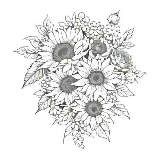 sunflowers, roses, and chrysanthemums flower tattoo design idea