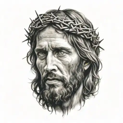 Hyper realistic portrait of Jesus Christ with a crown of thorns  tattoo design idea